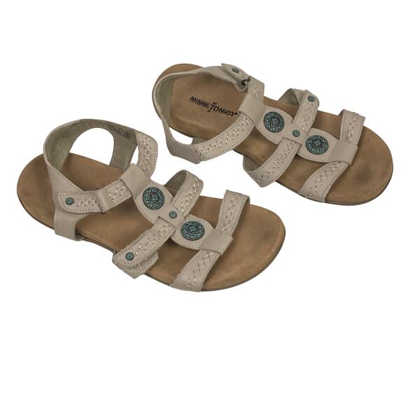 Minnetonka Meryl Sandals 8 Tan Slingback Concho Teal Leather Summer Southwestern - Picture 1 of 9